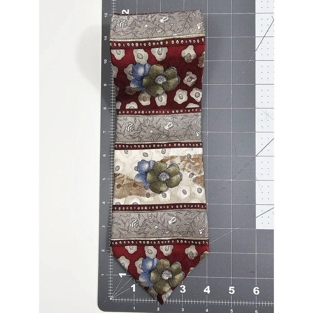 Casual Works Floral Maron Gray Vintage Men's Silk Tie 80s 90s